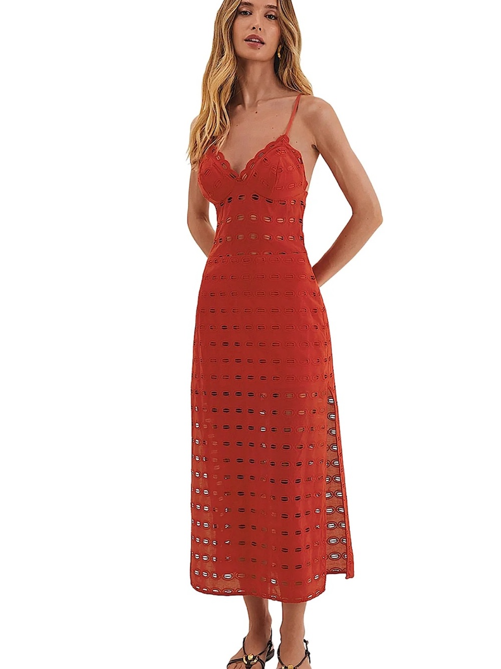 NWT Vix Paula Hermanny Raya Eyelet Midi Dress Ruby Red Size M